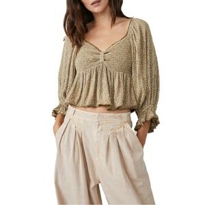 Free People Brittnee Print Smocked Peplum Top Floral Balloon Sleeve Size M